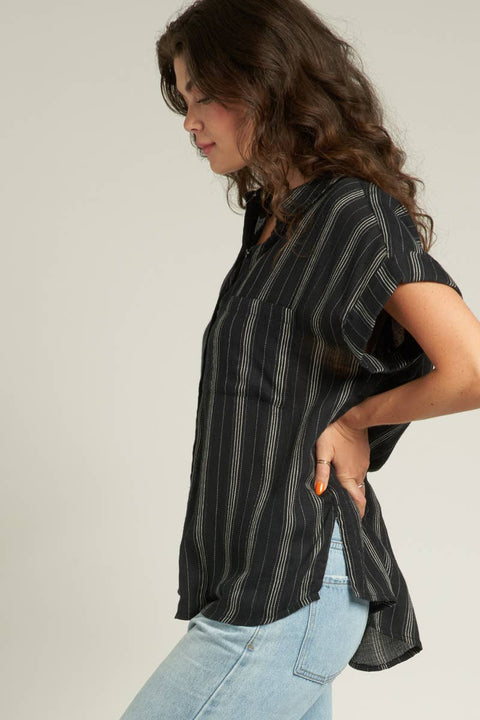 Striped Short Sleeve Button Down Top