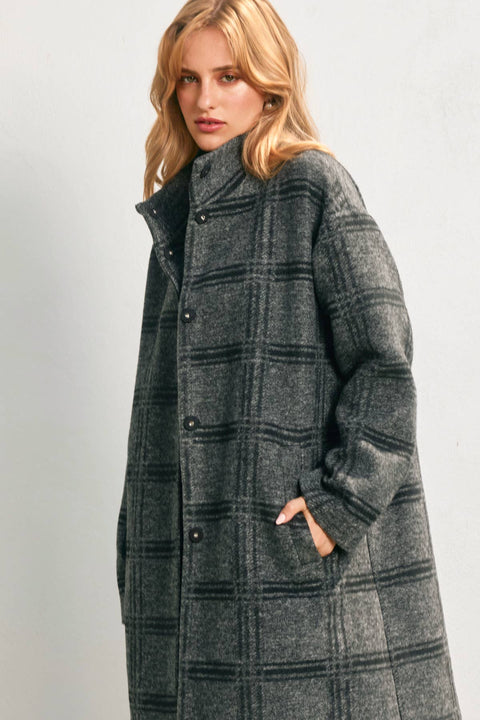 Checkered Stand Collar Wool Coat