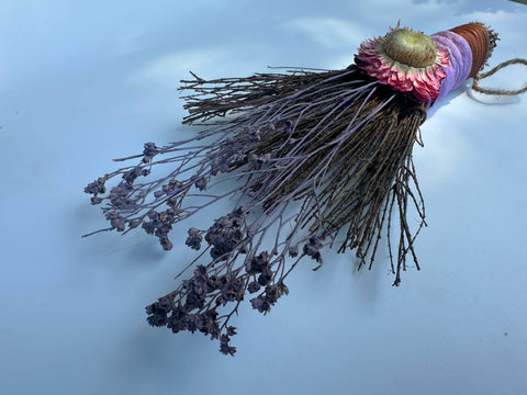 Mini Besom Broom with Dried Florals & Purple Strawflower