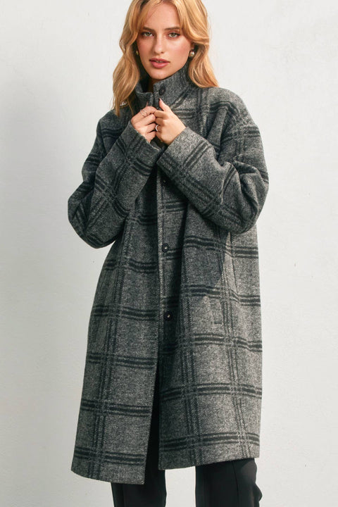 Checkered Stand Collar Wool Coat