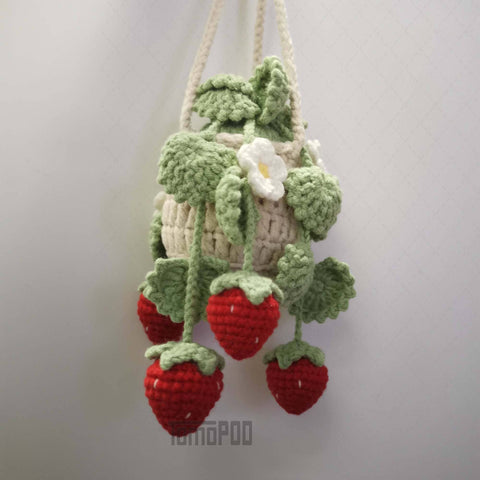 Crochet Strawberry Plant Car Mirror Hanging