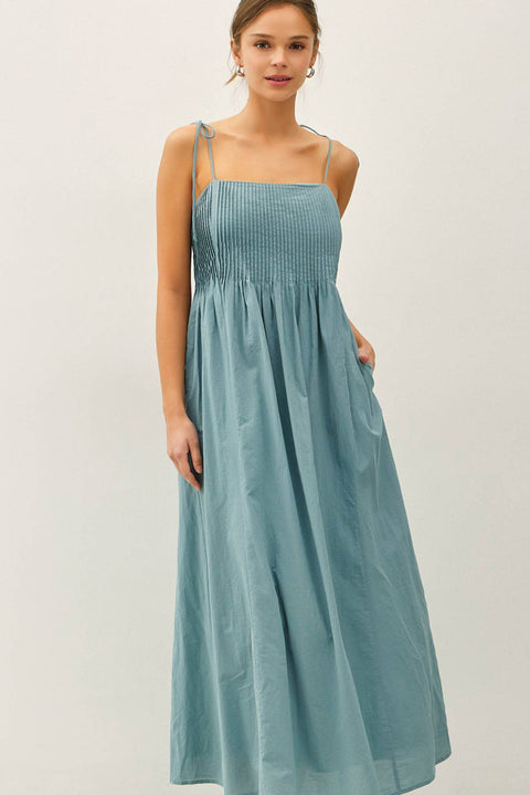 COTTON PINTUCK BODICE W TIE STRAP MAXI DRESS