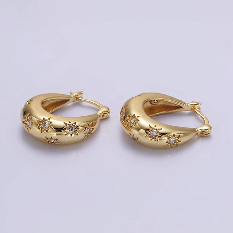 16K Gold Filled Oblong Dome Celestial Stars Latch Hoop Earrings