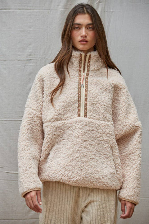 Zip-up Oversized Sherpa Pullover Top