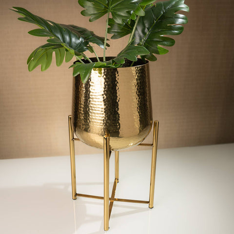 Gold Hammered Flower Pot with Stand | 9.5"