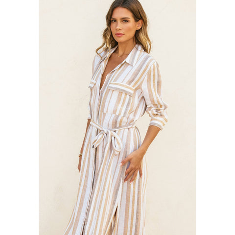 Striped Belted Maxi Shirt Dress