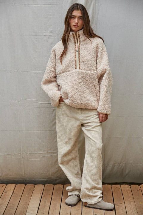 Zip-up Oversized Sherpa Pullover Top