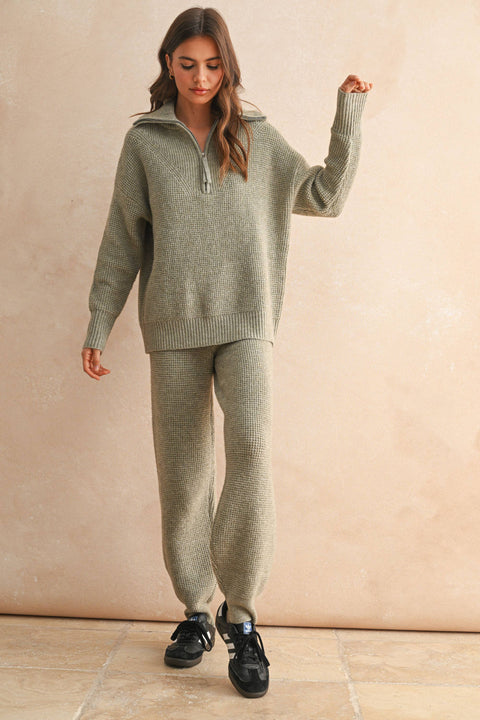 Waffle Pattern Half Zip Up Sweater