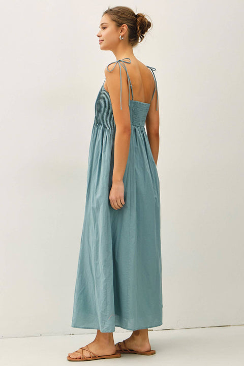 COTTON PINTUCK BODICE W TIE STRAP MAXI DRESS