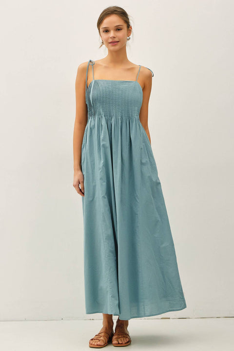 COTTON PINTUCK BODICE W TIE STRAP MAXI DRESS