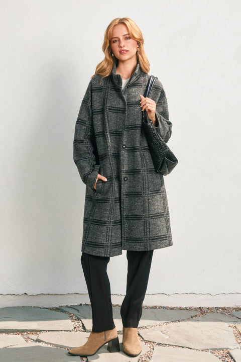 Checkered Stand Collar Wool Coat