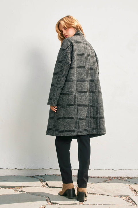 Checkered Stand Collar Wool Coat