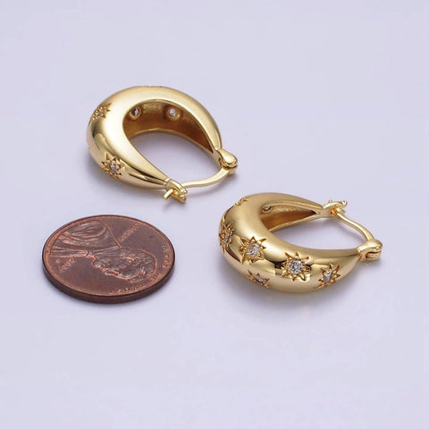 16K Gold Filled Oblong Dome Celestial Stars Latch Hoop Earrings