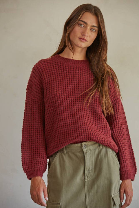 Waffle Knit Crew Neck Pullover