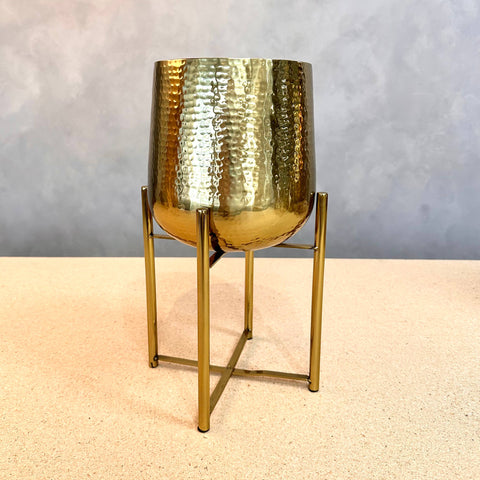 Gold Hammered Flower Pot with Stand | 9.5"