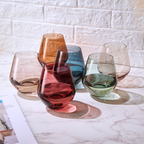 Pastel Colored Stemless Crystal Wine Glasses | Set of 6
