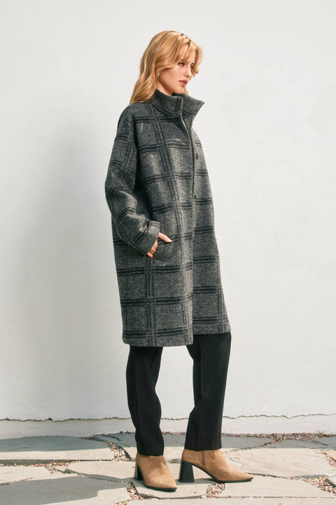 Checkered Stand Collar Wool Coat