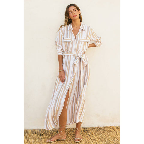 Striped Belted Maxi Shirt Dress