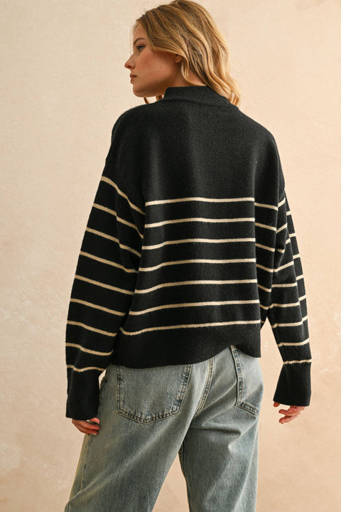 STRIPED HALF BUTTON UP SWEATER TOP