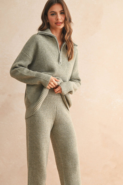 Waffle Pattern Half Zip Up Sweater