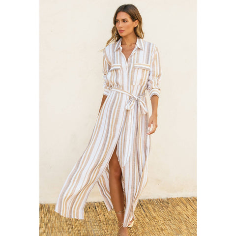 Striped Belted Maxi Shirt Dress