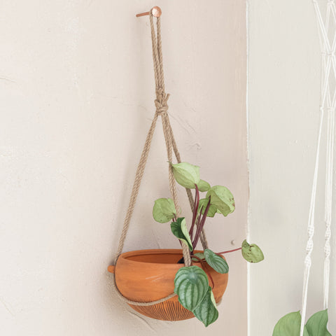 Hanging Debossed Stoneware Planter w/ Jute Rope Hanger