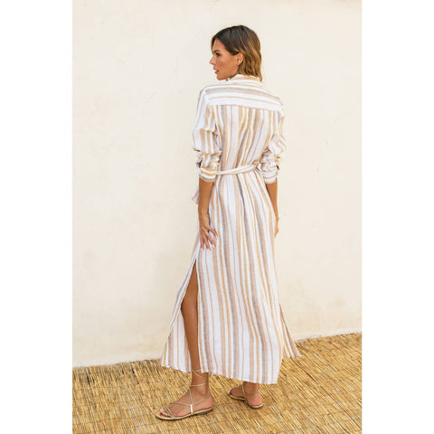 Striped Belted Maxi Shirt Dress