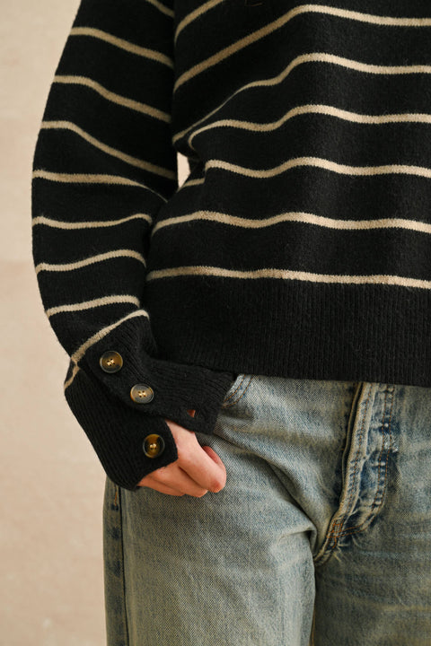 STRIPED HALF BUTTON UP SWEATER TOP