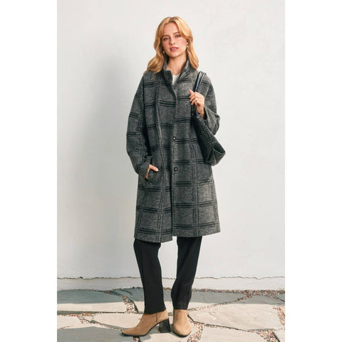 Checkered Stand Collar Wool Coat
