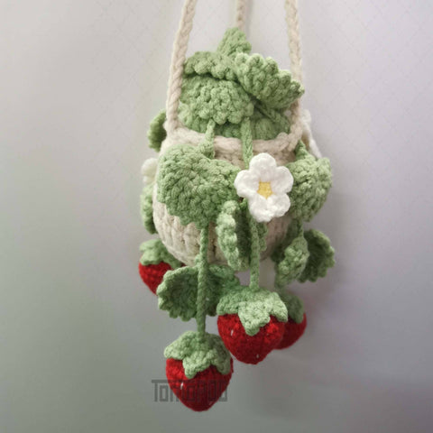 Crochet Strawberry Plant Car Mirror Hanging