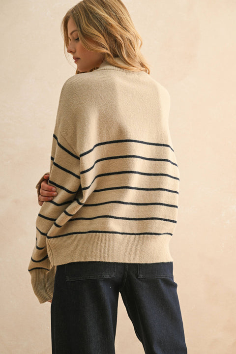 STRIPED HALF BUTTON UP SWEATER TOP