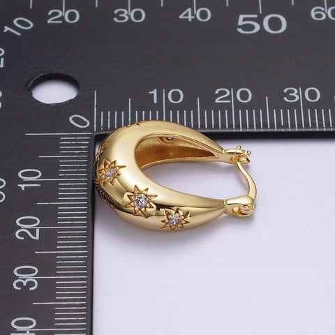 16K Gold Filled Oblong Dome Celestial Stars Latch Hoop Earrings