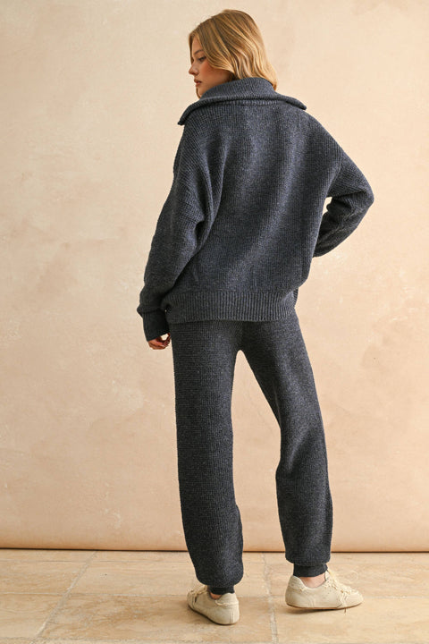 Waffle Pattern Half Zip Up Sweater