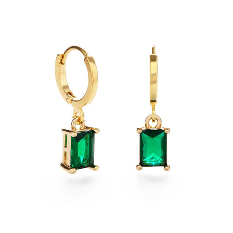 Emerald Green Rectangle Stone Huggie Hoop Earrings