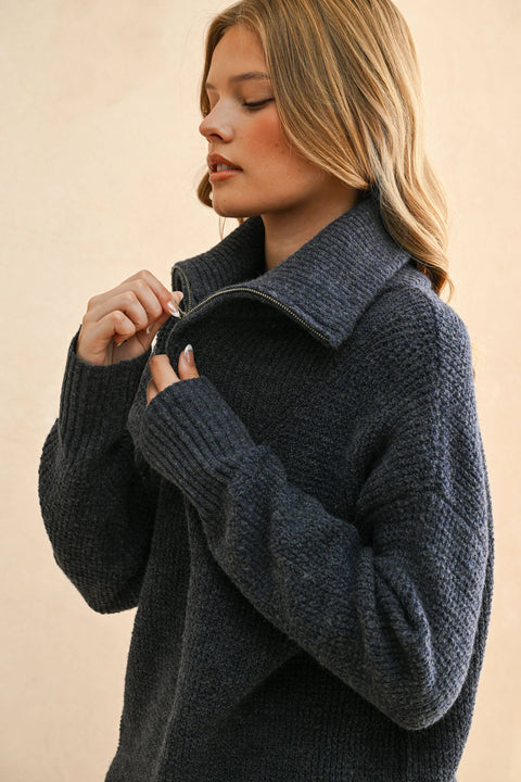 Waffle Pattern Half Zip Up Sweater