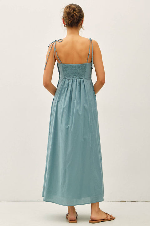 COTTON PINTUCK BODICE W TIE STRAP MAXI DRESS