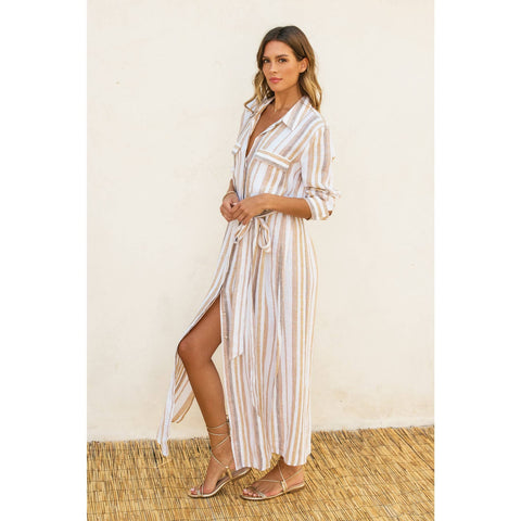 Striped Belted Maxi Shirt Dress