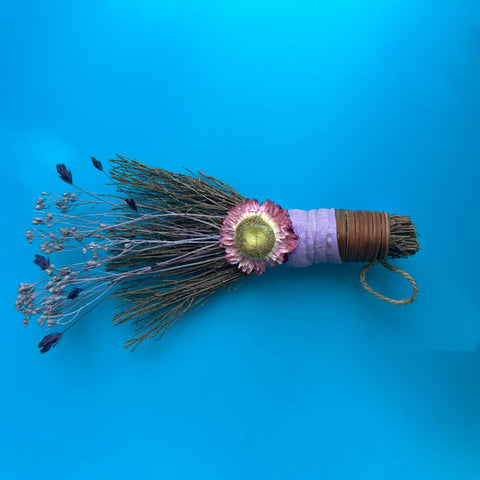 Mini Besom Broom with Dried Florals & Purple Strawflower