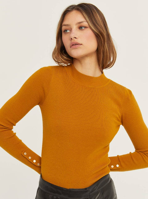 Mustard Knit Top with Brushed Gold Sleeve Snap Detail