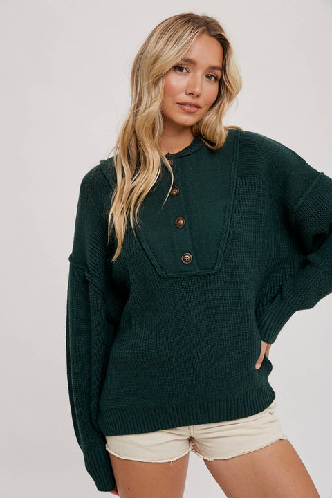 Ribbed Knit Contrast Pullover Sweater | Deep Green