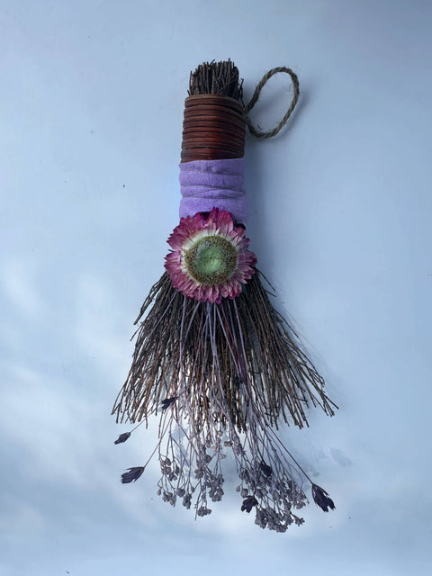 Mini Besom Broom with Dried Florals & Purple Strawflower
