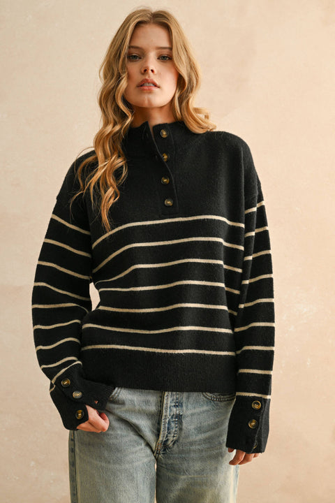 STRIPED HALF BUTTON UP SWEATER TOP