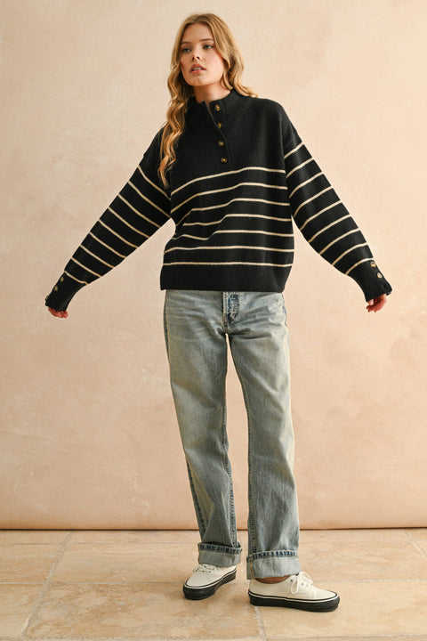 STRIPED HALF BUTTON UP SWEATER TOP
