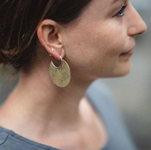 Medium brass disc earrings with sterling hoops