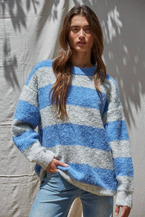 Striped Crew Neck Textured Sweater