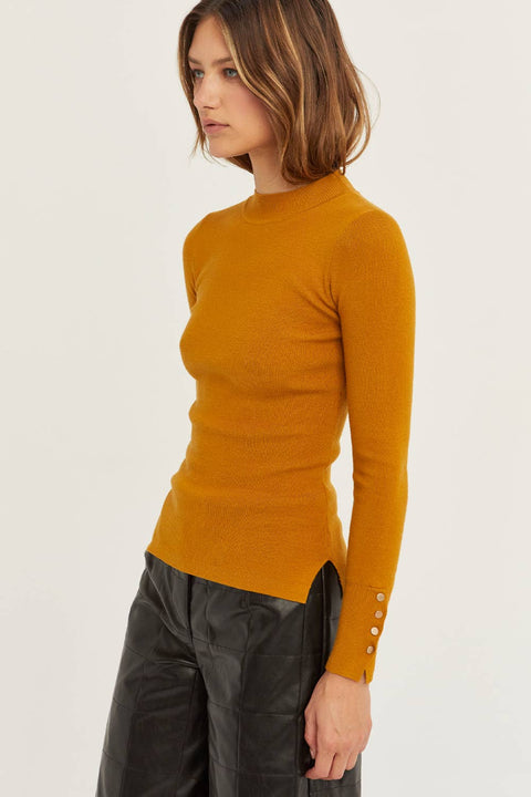 Mustard Knit Top with Brushed Gold Sleeve Snap Detail