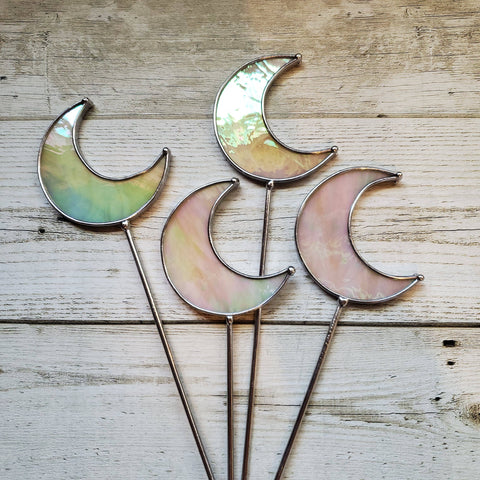 Iridescent Stained Glass Moon Planter Stakes