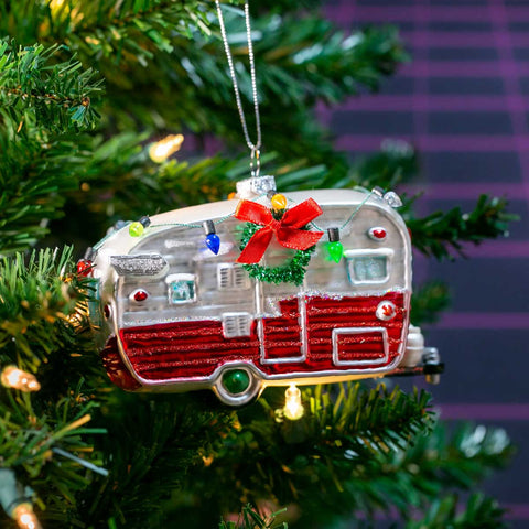 Camper with Christmas Lights Glass Ornament